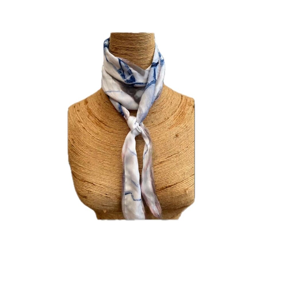Lightweight Scarf Shawl Gray Blue Tan Swirl Pattern Wrap Eyelash Edges